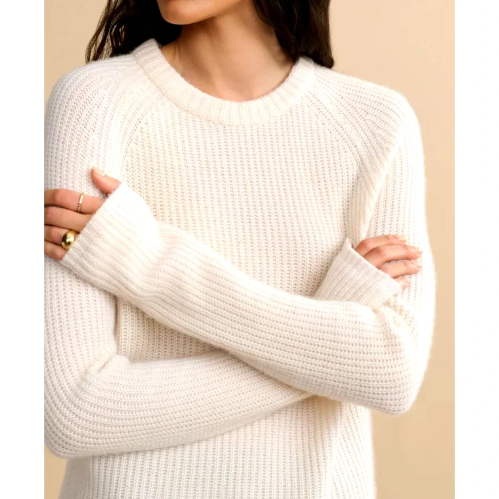 Jenni Kayne L Iconic 100% CASHMERE Fisherman Sweater $425 Ivory Cream White NWT!